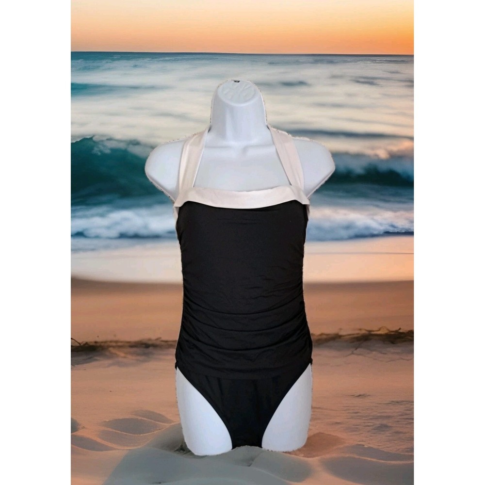 Lauren Ralph Lauren Swimsuit 10 Black & White Halter Retro Beach Resort Wear‎